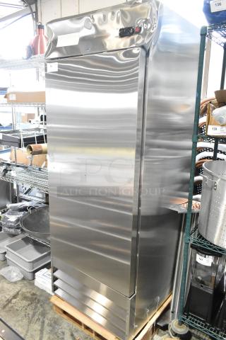 Brand new 2024 Avantco 829BMR23F single door stainless steel freezer with poly coated racks, 115V, 1-phase, in excellent condition.