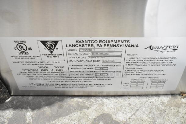 Brand new Avantco 177CAGR212 stainless steel commercial 2-burner range, 25,000 BTU, natural gas, tags show model and specs.