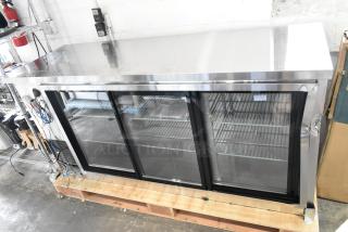 Brand new Avantco 178UBB72SHCS stainless steel 3-door back bar cooler, 115V, 1 phase, with minor dents on sides.