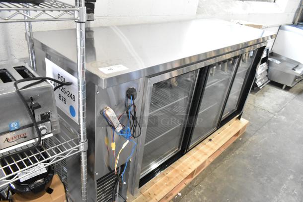 Brand new Avantco 178UBB72SHCS stainless steel 3-door back bar cooler, 115 volts, with minor scratches.