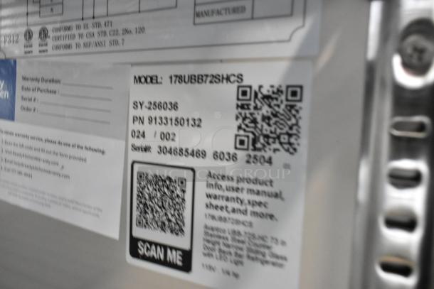Brand new Avantco 178UBB72SHCS stainless steel 3-door back bar cooler, 115V, 1 phase, scratch and dent condition, label shown.
