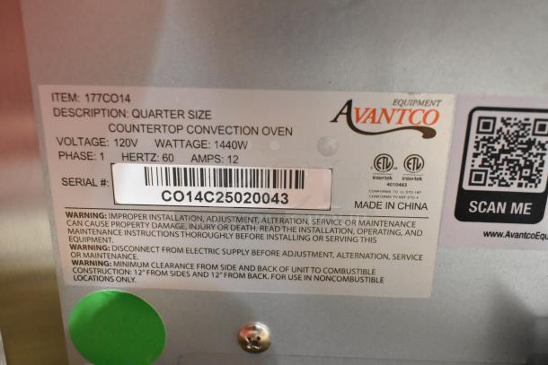 Label of Avantco 177CO14 stainless steel commercial countertop convection oven, 120V, 1440W, made in China. Serial: CO14C25020043.