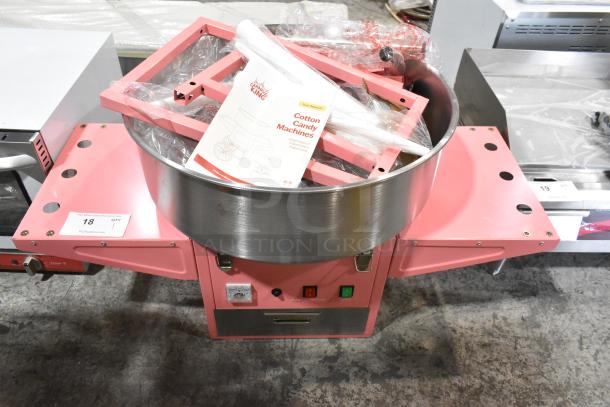 BRAND NEW Carnival King 382CCM21CT cotton candy machine with 21" stainless bowl; cart missing axle. Manual included.