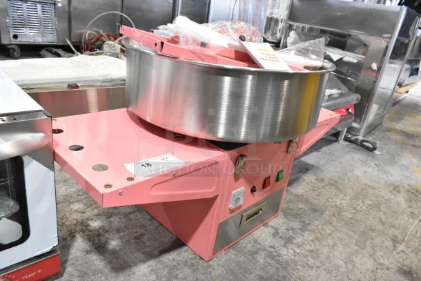 BRAND NEW 2025 Carnival King 382CCM21CT cotton candy machine, 21" stainless steel bowl, pink cart, missing wheel axle.