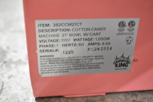 BRAND NEW Carnival King 382CCM21CT cotton candy machine with 21" bowl and cart; missing axle for wheels. Serial FC240854.
