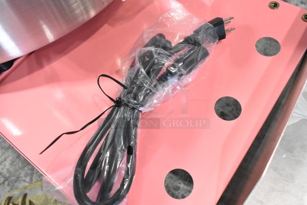 BRAND NEW Carnival King 382CCM21CT Cotton Candy Machine, pink surface, black cord included, missing axle, 21" bowl.