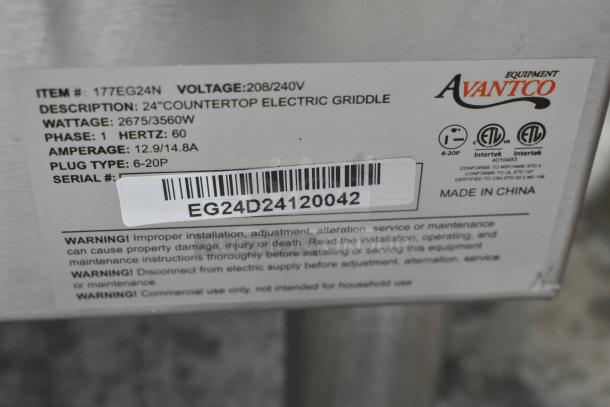 Brand new Avantco 177EG24N stainless steel commercial electric griddle label, 208-240V, 2675/3560W, 24" countertop.