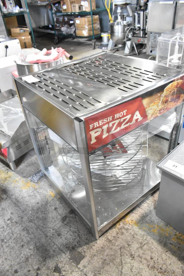 Brand new ServIt 423PDW18D1 stainless steel pizza warmer, 4-shelf rotating rack, 18" countertop, broken glass visible, 120V.