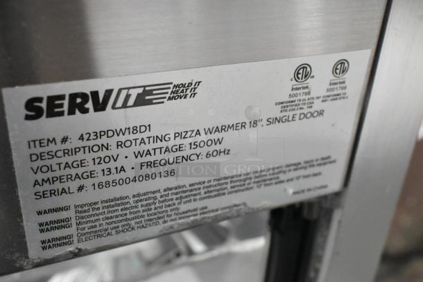ServIt 423PDW18D1 stainless steel pizza warmer label, showing 18" size, 120V, 1500W, single door, and broken glass detail.
