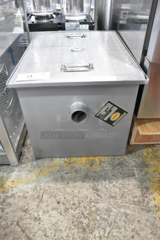 BRAND NEW Regency 600GT15 grease trap, 30 lb., 15 GPM, 2" non-threaded connections, slight scratches, diamond plate cover.