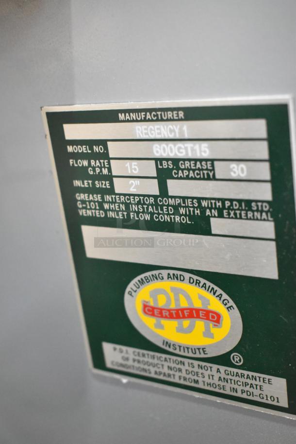 Regency 600GT15 30 lb. grease trap, brand new with scratches, 15 GPM, 2" non-threaded connections, PDI certified.