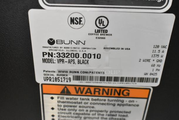 BRAND NEW 2025 Bunn VPR-APS stainless steel pour-over airpot coffee brewer. Model label shows specs, NSF and UL listed.