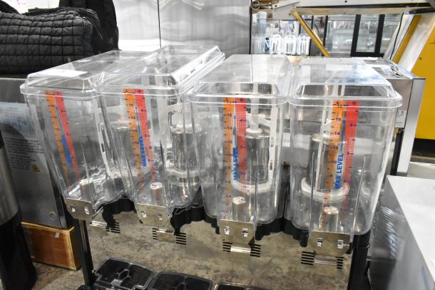 Brand new Carnival King Jetcof 480M stainless steel refrigerated beverage dispenser with four 5-gallon bowls, 115V.