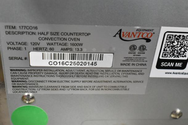 Avantco 177CO16 stainless steel convection oven label, 1.5 cu. ft. capacity, 120V, 1600W, showing serial number and warnings.