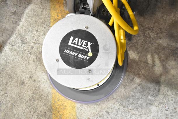 Lavex DP-1334 Heavy Duty Floor Cleaning Machine, 120V, new scratch and dent, yellow cord, black logo, top view.