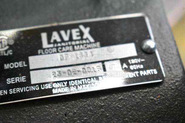 Lavex DP-1334 Heavy Duty Floor Machine label, 120V, 1 Phase. Model and serial details visible. Made in Mexico.