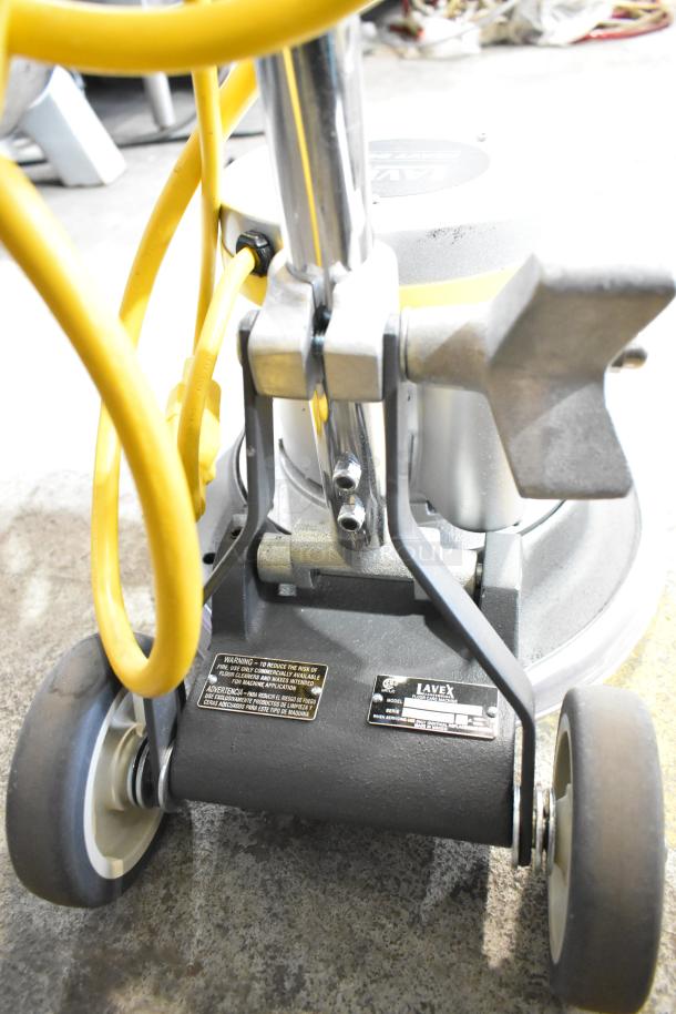 Brand new Lavex DP-1334 floor cleaning machine, heavy duty, 120V, 1 Phase, minor scratches, visible brand and model tags.