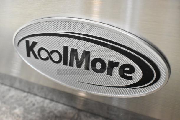 KoolMore logo on stainless steel surface of the SCDC-8P-SG refrigerated prep station. Brand new, 71 in., 115 Volts.