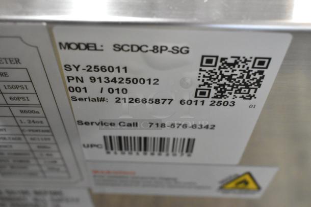 BRAND NEW KoolMore SCDC-8P-SG Stainless Steel Refrigerated Prep Station label showing model, serial number, and QR code.