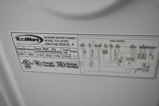 KoolMore 2024 FLC-3CWH Washer Dryer Combo label showing model, voltage 120V, drum size 2.7 cu. ft., and UL certifications.