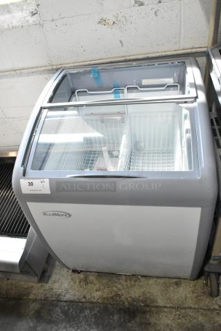 BRAND NEW SCRATCH AND DENT! KoolMore MCF-6C 26 in. Display Ice Cream Freezer on Commercial Casters. See Pictures for Broken Glass Sliding Door. 115 Volts, 1 Phase. - Item #1201008