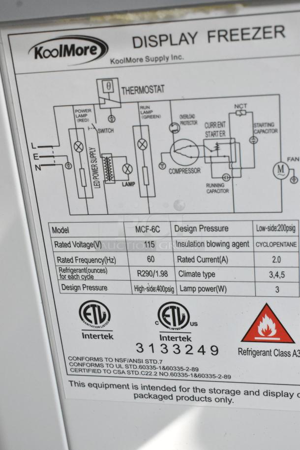 KoolMore MCF-6C display freezer label showing model, voltage, frequency, refrigerant details, and safety certifications.