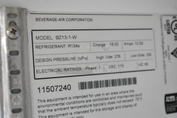 Beverage Air BZ13-1-W commercial merchandiser label, detailing model, refrigerant, design pressure, and electrical ratings.