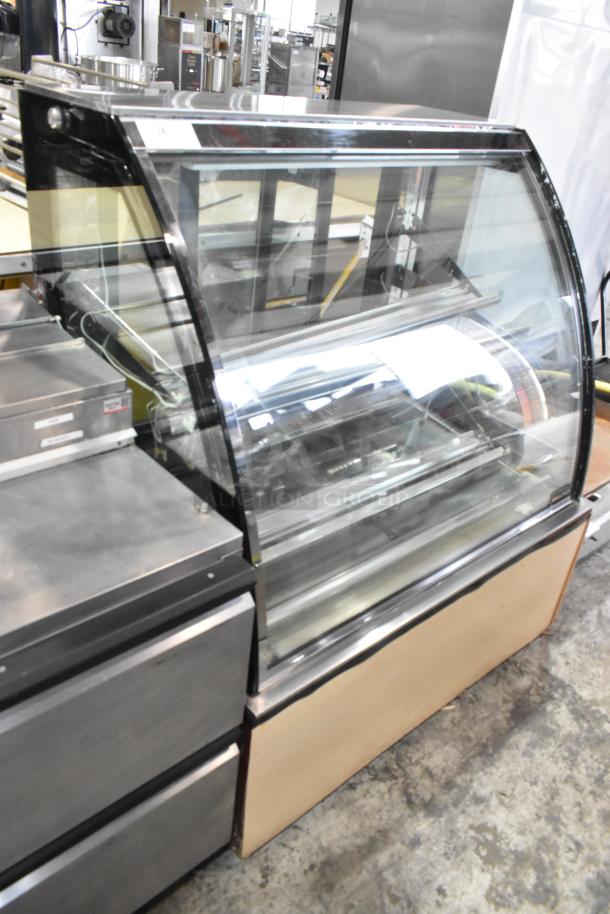 Cooltech metal refrigerated display case, floor style, 120 volts, 1 phase, with broken glass on side pane.
