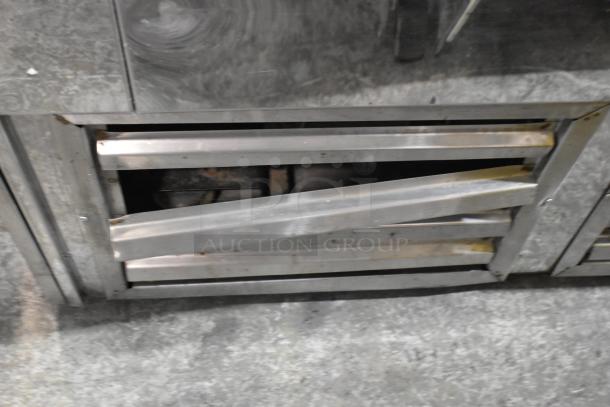 Cooltech metal refrigerated display case with broken glass on side pane, commercial floor model, 120V, 1 phase.