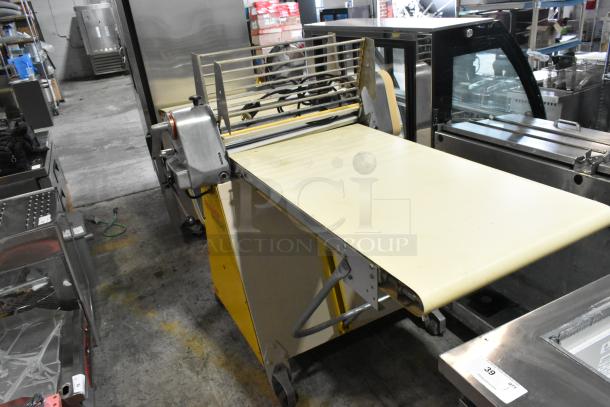 Seewer Rondo SS063C metal commercial reversible dough sheeter, floor style, 250 volts, good condition.