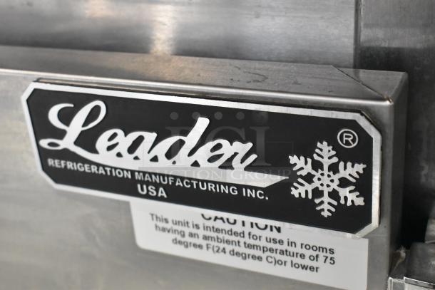 Leader ESLM60S/C stainless steel prep table, commercial casters, 115V, 1 phase, logo tag from Leader Refrigeration USA.
