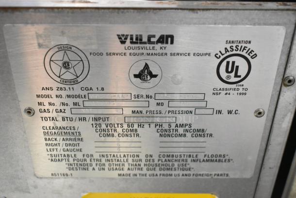 Vulcan VHX24G-AAP steam cabinet label showing model, certification marks, and specifications, including 270,000 BTU output.