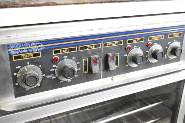 Nu Vu SUB-123 stainless steel commercial oven proofer with control dials, on commercial casters. 208V, 3 phase.