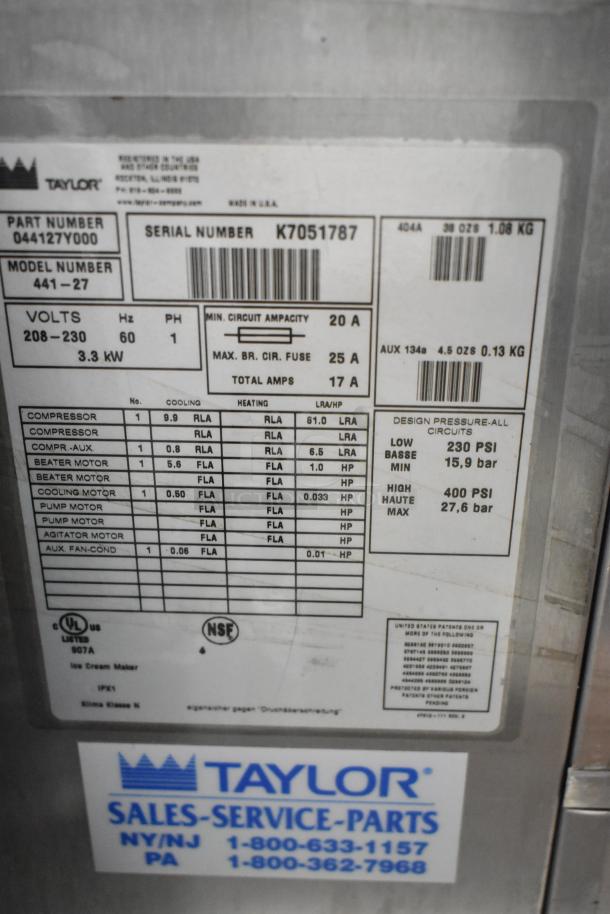 Taylor 441-27 stainless steel soft serve machine, single flavor, water-cooled, commercial casters, 208-230V, 1 phase.