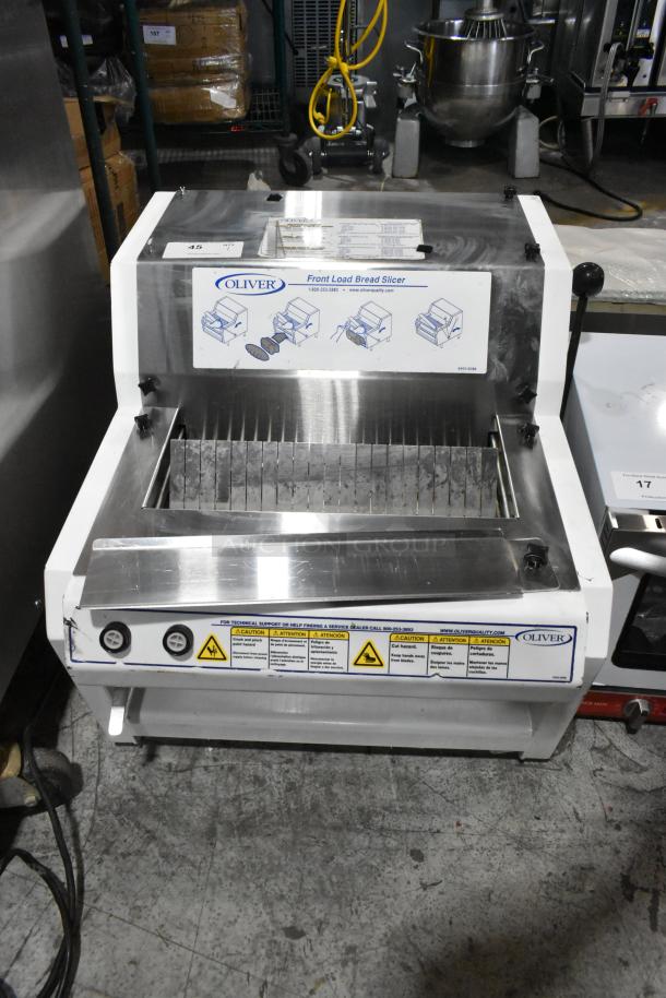Oliver 732-N Metal Bread Loaf Slicer, commercial countertop model, 115V, 1 Phase, durable stainless steel construction.