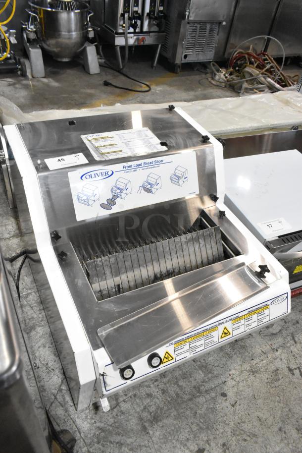Oliver 732-N metal countertop bread loaf slicer, 115 volts, 1 phase, clean condition, visible labels and instructions.