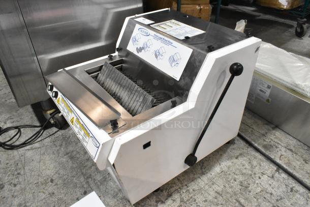 Oliver 732-N metal commercial countertop bread loaf slicer, 115 volts, 1 phase. Visible control labels and operating instructions.