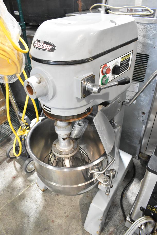 Centaur Metal Commercial Floor Planetary Dough Mixer with stainless bowl and whisk. 208V, control panel visible. Good condition.