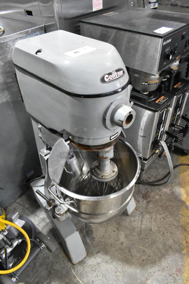 Centaur metal commercial floor planetary dough mixer with stainless steel bowl and whisk attachment, 208 volts.