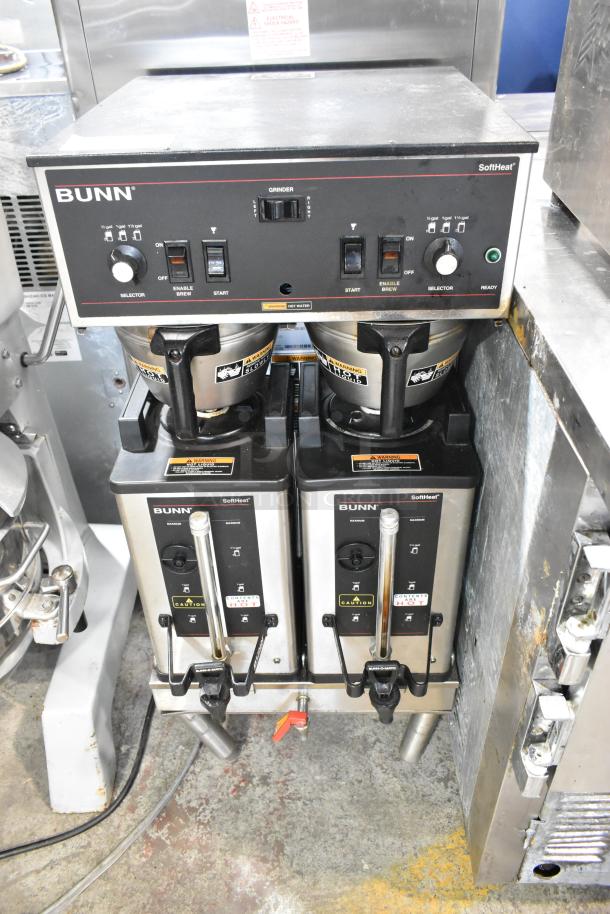 Bunn DUAL SH Stainless Steel Double Coffee Machine, includes hot water dispenser, 2 satellite servers, and brew baskets.