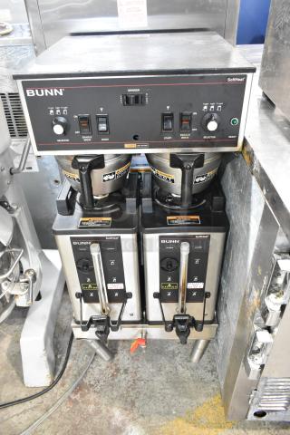 Bunn DUAL SH Stainless Steel Commercial Countertop Double Coffee Machine w/ Hot Water Dispenser, 2 Satellite Servers and 2 Metal Brew Baskets. 120/208 Volts, 1 Phase. - Item #1201110