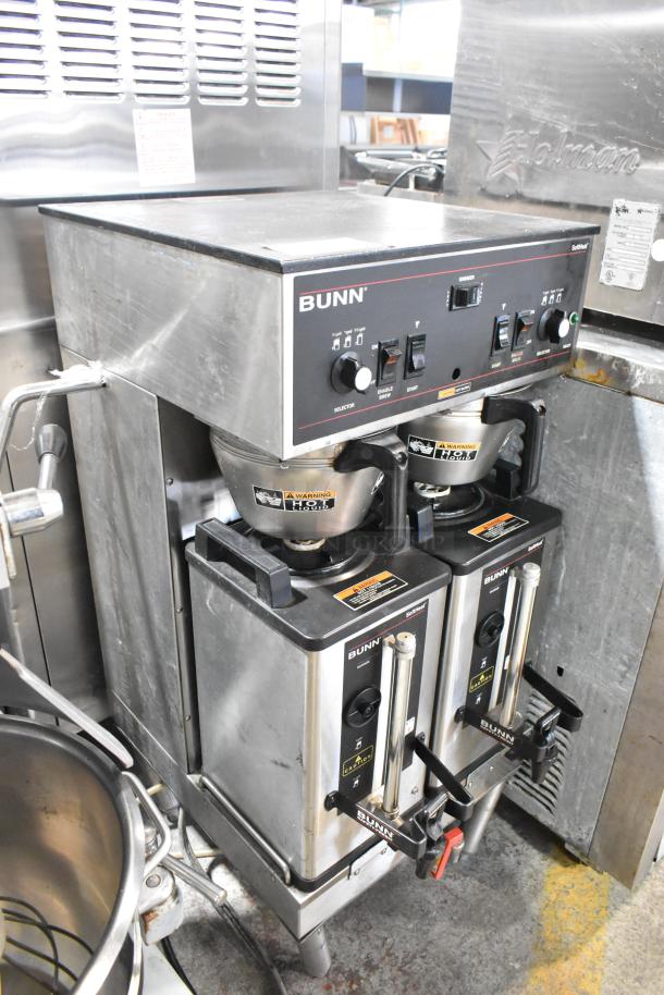 Bunn DUAL SH stainless steel commercial coffee machine with hot water dispenser, two satellite servers, and two metal brew baskets.