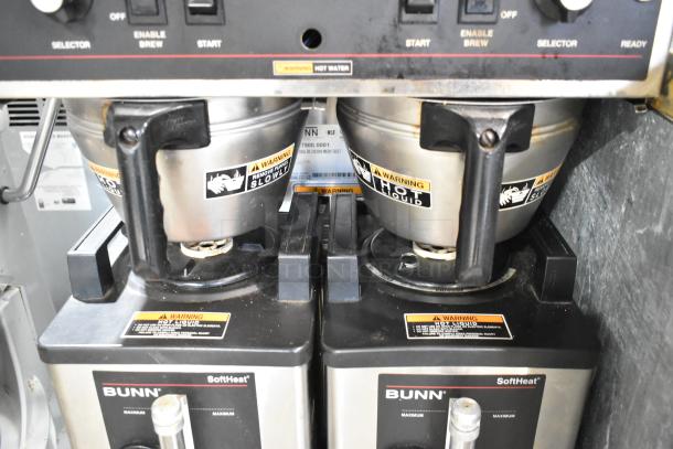 Bunn DUAL SH stainless steel commercial coffee machine with hot water dispenser, two satellite servers, metal brew baskets.