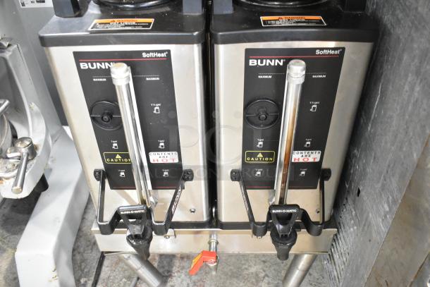 Bunn DUAL SH stainless steel commercial coffee machine with hot water dispenser, two satellite servers, and two brew baskets.