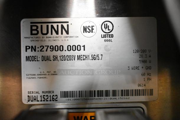 Bunn DUAL SH commercial coffee machine label, showing model, PN: 27900.0001, 120/208V, NSF and UL listings.
