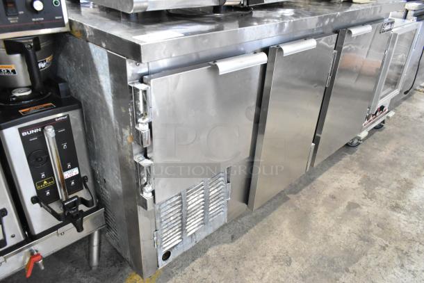 Leader LB60 S/C stainless steel 3-door undercounter cooler on casters. 115 volts, 1 phase, commercial use. Moderately used.