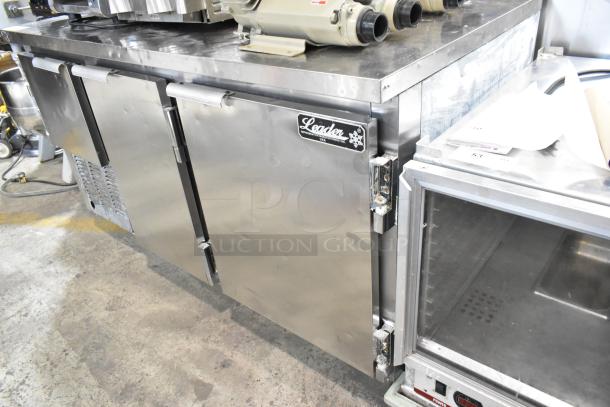 Leader LB60 S/C stainless steel 3-door undercounter cooler on casters, 115 volts, 1 phase, with visible brand label.