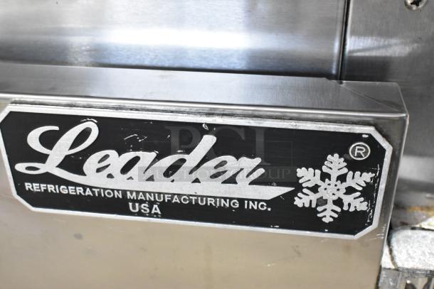 Leader LB60 S/C 3-door undercounter cooler; stainless steel; commercial casters shown; "Leader" label visible.