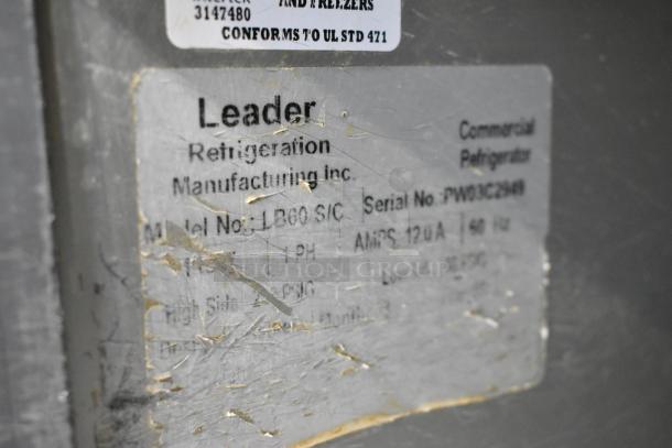 Leader LB60 S/C stainless steel commercial 3-door undercounter cooler, 115 volts, 1 phase, with worn label showing model details.