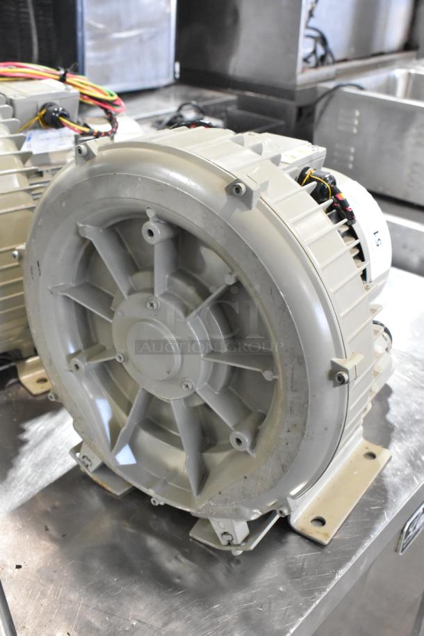 Emore Horn EHS-429 Motor, 220-240V, 1 Phase, cream-colored, visible wires, mounted on a metal base, good condition.